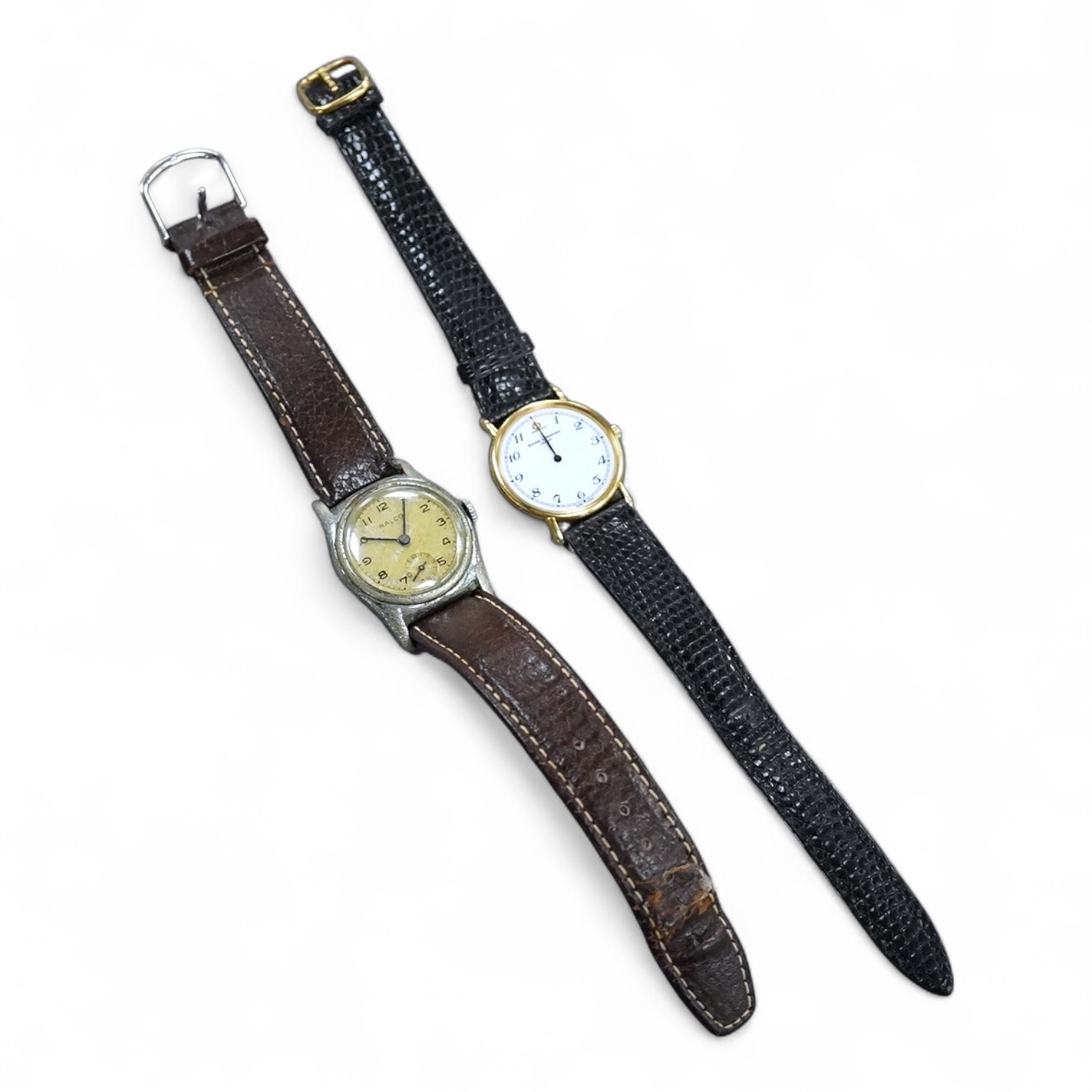 A lady's 18k Baume & Mercier quartz dress wrist watch, with Arabic dial, case diameter 27mm, the case back numbered 15602 1877944, on a Baume & Mercier black leather strap, together with a base metal Ralco manual wind wr